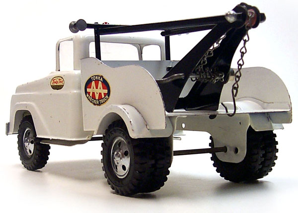 Rear view of a 1958 Platform Stake Utility Truck Number 03