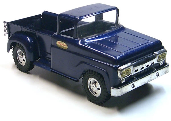 Front side view of a 1958 Tonka Blue Pickup Truck Number 02 with Box
