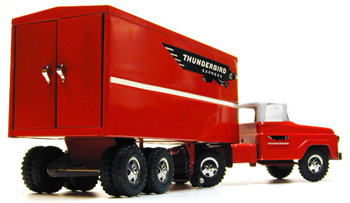 Rear side view of a 1960 Private Label Tonka Thunderbird Express Semi Number 37